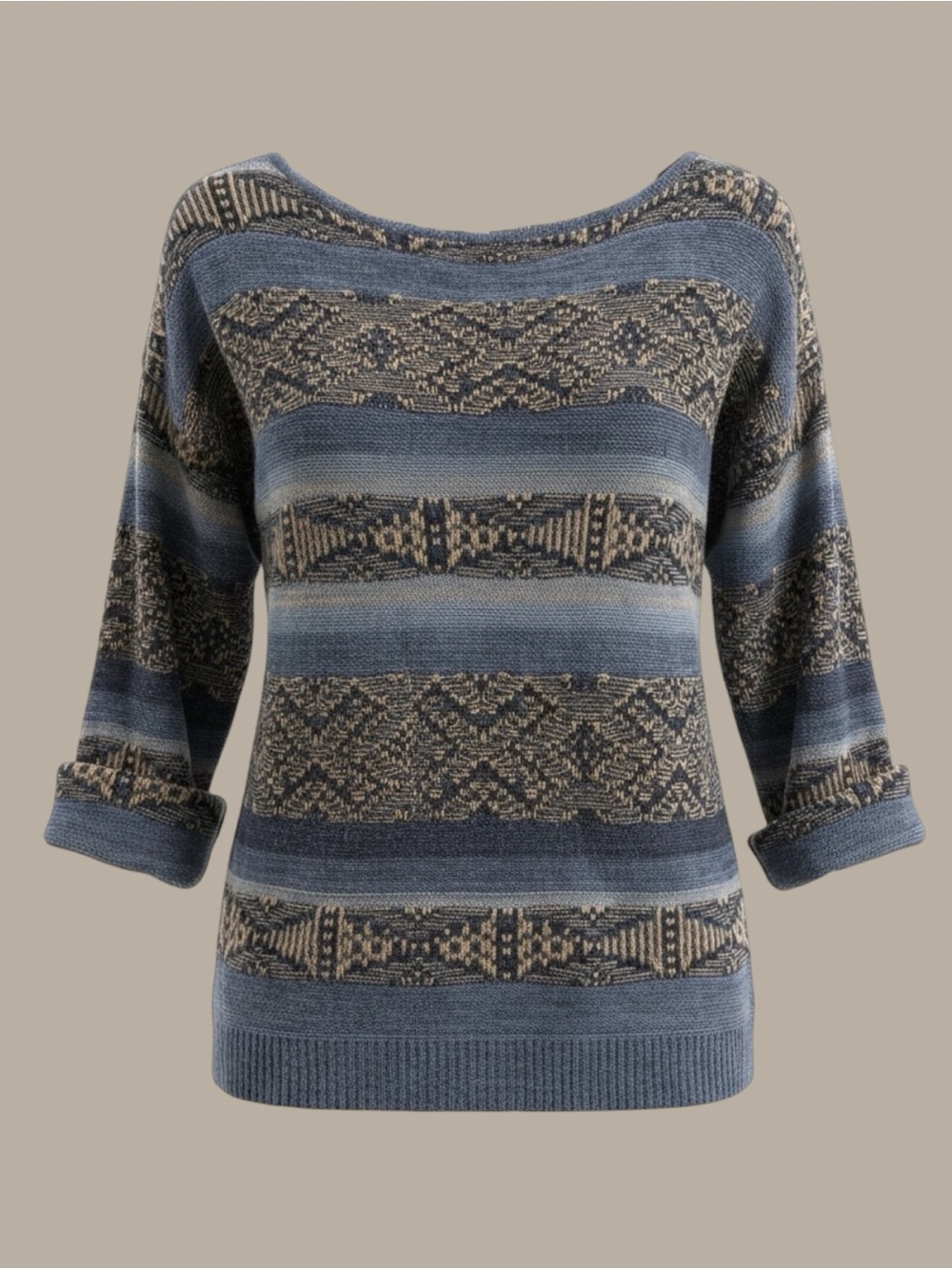 Chaps Denim Linen Cotton Blue Pattern Knit Sweater Large Boho Coastal